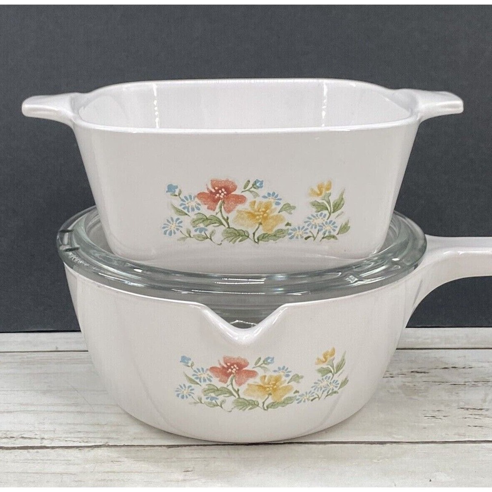 2 Vintage Corning Ware Dishes MEADOW Casserole P43B /Saucepan P89B W/LID